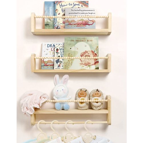 Nursery Floating Shelves for Wall, Set of 3 Book Shelves Natural Wood Wall Mounted Organizer with Towel Bar Hanging Bookshelves Nursery Decor for Kids Room, Bedroom and Kitchen