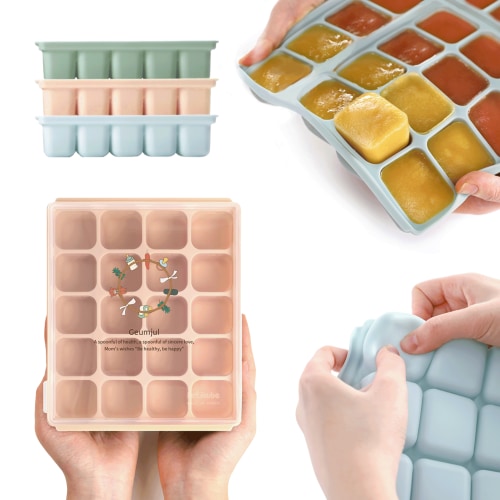 Petinube Flexible Silicone Freezer Tray 20 Cubes, 16.91 fl. oz / 0.84 fl. oz - BPA-Free, Stackable Ice Tray with Clip-on Lid, Multifunctional Ice Cube Molds, Sand Beige