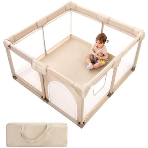 Baby Playpen, 50x50 in Small Play Pen for Babies and Toddlers, Playpen for Kids with Gate, Indoors Play Yard with Soft Breathable Mesh (Khaki)
