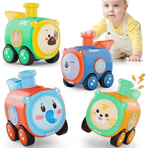 Baby Train Car Toys for Toddler 1-3, 4PCS Press to Go Push Car, Infant Play Whistle Vehicle Toy Set for 12-18 Months, 1st Birthday Christmas Easter Gifts for 1-2 Years Old Boys
