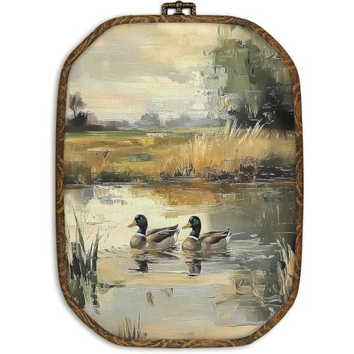 dvhdajed Vintage Mallard Duck Wall Art Decor, Rustic Farmhouse Ducks Framed Canvas Art, Rustic Cottagecore Mallard Duck Octagon Wall Hanging Decor for Nursery Bedroom Living Room, 10.2x7 Inch