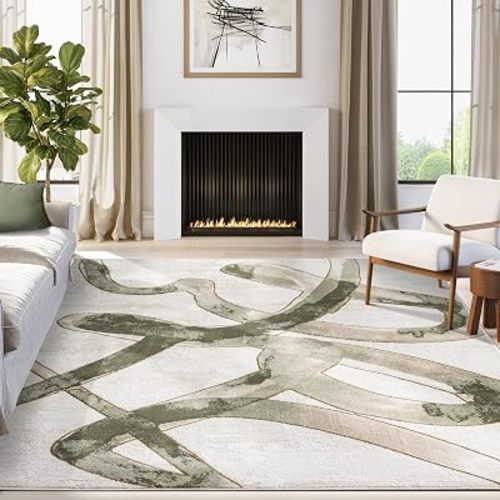 Abani Beige Cream Green Graffiti Washable Area Rug – 6' x 9' – Abstract Artistic Design – Ivy Collection – Non-Shedding, Easy to Clean – Durable for High Traffic Areas – Living Room & Bedroom
