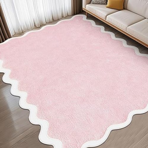 Scalloped Boho Area Rugs 4 x 6 ft Cute Sweet Throw Rugs Pink White Aesthetic Soft Bedroom Carpet for Living Room Dining Playroom Nursery Family Indoor Dorm