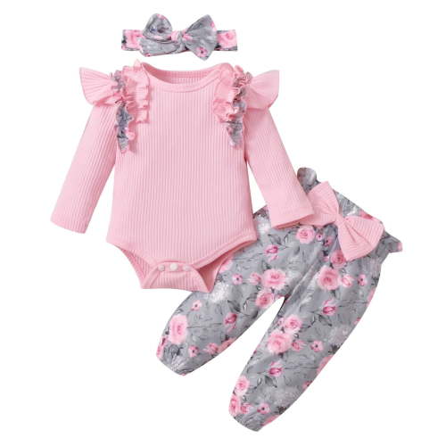 Mercatoo Baby Girls Clothes Girls Autumn Ribbing Romper Tops Flowers Pants Set Suitable for 3 to 24 Months Hoodie Sweatshirt