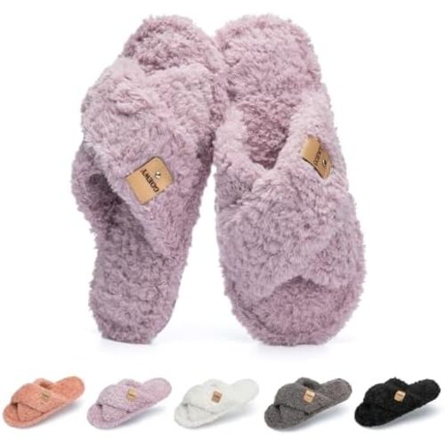 GOEWY Fuzzy Open Toe Slippers for Women Indoor and Outdoor with Memory Foam Cozy Cross Band Women's Slipper Cute Soft House Shoes Slip On Gifts for Womens Mom Her Ladies Bridesmaid