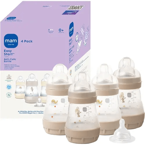 MAM 5oz Easy Start Anti-Colic Baby Bottles, Slow Flow with Bonus Medium Flow Nipple, Reduces Colic, Gas, & Reflux, Easy-to-Clean, BPA-Free, Baby Bottles for Newborns, 0-3 Months