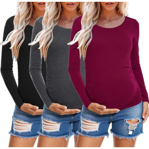 Long Sleeve Pregnancy Shirts Tops Maternity Clothes for Women 3-Pack