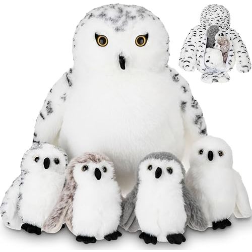 5 Pcs Snowy Owls Plush Toy Gift Set 12.6" Mom Owls with 4 Cute Babies Stuffed Animal in Zippered Back Nurturing Plushes Toy Set for Kid Adults Birthday Party Favors Gifts