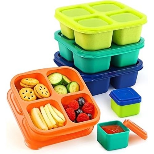 Caperci Lunchable Snack Containers - 4 Compartments Bento Snack Boxes (4 Pack) with 2 Leakproof Sauce Containers, Reusable Divided Food Containers for School, Work, Travel (Jewel Brights)