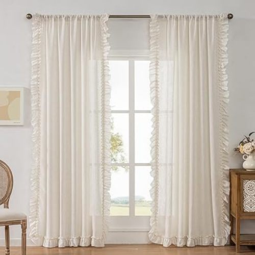 Farmhouse Curtains 84 Inches Long 2 Panels Natural Linen Textured Ruffle Curtains for Bedroom Living Room, Rod Pocket Privacy Flowy Drapes Semi-Sheer Cottage Scalloped Edge Curtain Set, W47xL84 Inch