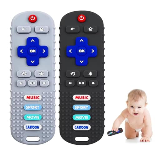 2-Pack Baby Remote Control Teether Toy For Babies 0 3 6 12 18 24 36 Months | Silicone Infant Teething Toys Boys Girls Infants Teething Toys (Black + Gray)