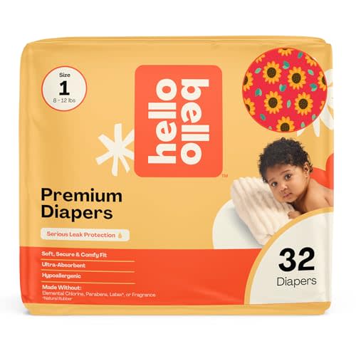 Hello Bello Diapers, Size 1 (8-12 lbs) Flower Child, 32 Count of Premium Disposable Baby Diapers, Hypoallergenic with Soft, Cloth-Like Feel