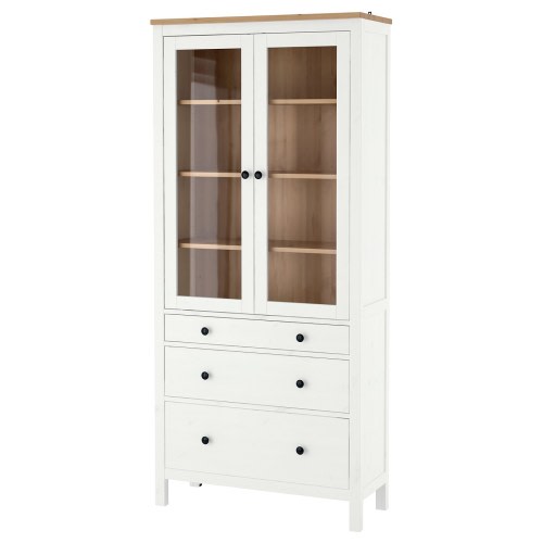 HEMNES Glass-door cabinet with 3 drawers - white stain/light brown 35 3/8x77 1/2 "