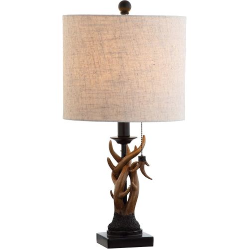 JONATHAN Y 20.5" Brown Rustic Antler Table Lamp for Bedroom Farmhouse Decor, Mini Faux Antler Desk Lamp with Gray Linen Shade, Lodge Cabin Nightstand Lamp, LED Bulb JYL1031A