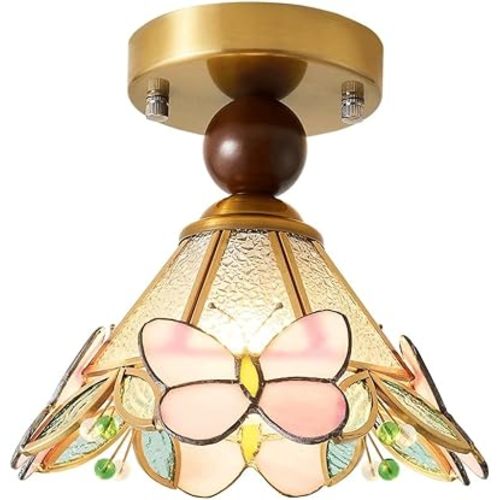 Tiffany Glass Ceiling Lights Pink Butterfly Semi Flush Mount Light Fixture Elegant Stained Glass Ceiling Lamp Water-Rippled Glass Shade, Gold Chic Solid Wood Close to Ceiling Light, E27