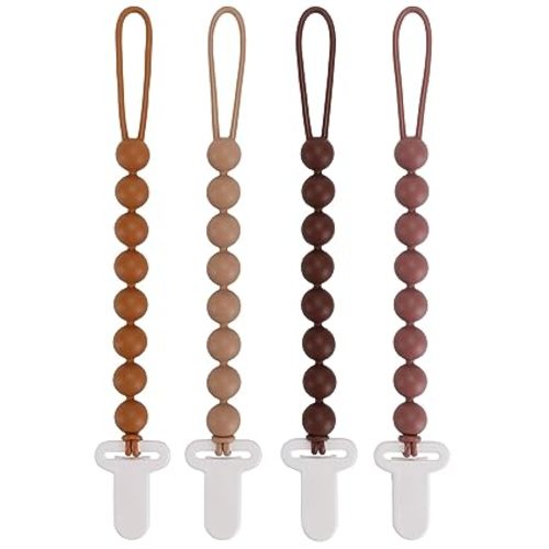4-Pack Silicone Pacifier Clips with One-Piece Beads for Baby Boys and Girls - Flexible and Rust-Free Holders for Teething Relief and Baby Essentials, Safe for Newborns (Brown)