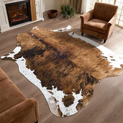 DweIke Faux Cowhide Print Rug for Living Room, 4.6 x 5.2 ft Brown Western Animal Cow Hide Rugs, Non Slip Cool Cow Skin Carpet for Bedroom Dining Room Farmhouse Entrance Home Decor, Brown