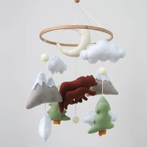 Woodland Bear Baby Mobile for Crib - Neutral Felt Mountain Nursery Decor | Hand-Stitched Hanging Toys for Boy & Girl Baby Shower Gift, Fits Cribs & Bassinets
