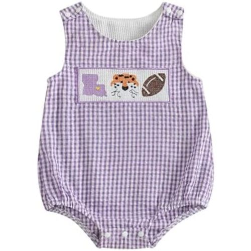 Baby Girl Boy Football Outfit College Football Bubble Romper Sleeveless Plaid Overalls Bodysuit Game Day Clothes