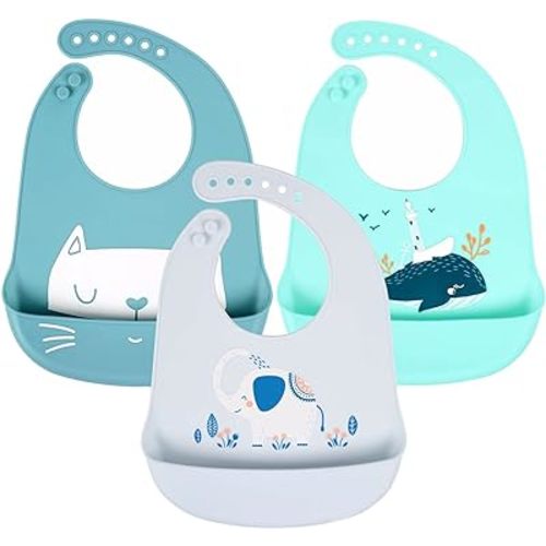 Baby Silicone Feeding Bibs, 3pcs Adjustable Waterproof Bibs for Feeding