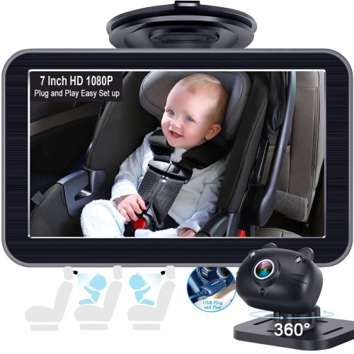 DoHonest Baby Car Camera 7-Inch: USB Plug and Play Easy Setup 360 Degree Rotating Backseat Camera Two Kids HD 1080P Rear Facing Car Seat Cameras Clear Night Vision -V9