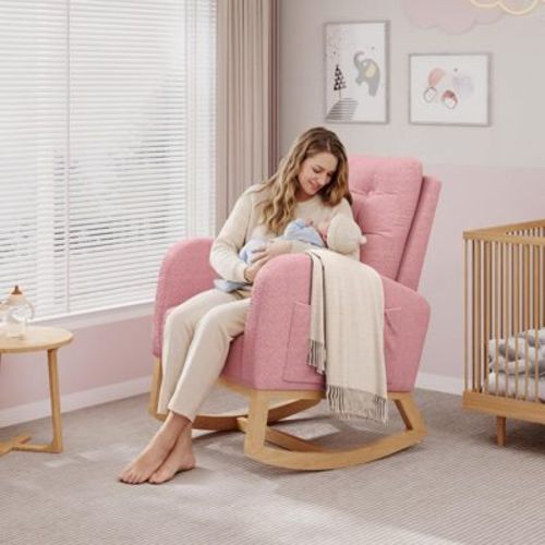 Modern Rocking Chair – High Backrest, Adjustable Footrest, Sturdy Wooden Legs, Comfy Glider for Living Room or Bedroom,Pink