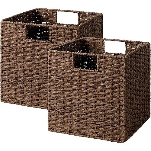 StorageWorks 11 inch Wicker Storage Cubes, Handwoven Cube Storage Bin, Square Cubes Basket, Foldable Paper Rope Basket for Organizing, Brown, 2 Pack