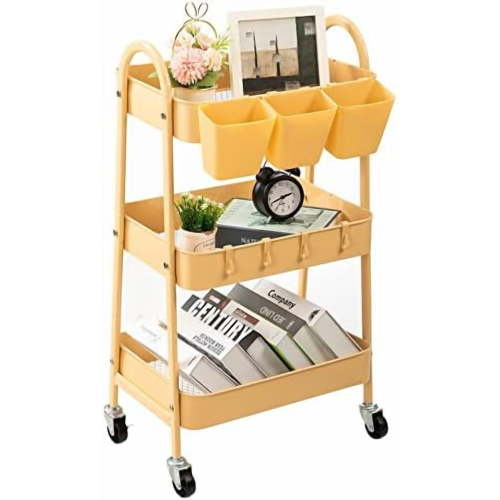 3-Tier Rolling Cart, Utility Cart Mobile Metal Rolling Storage Cart with Lockable Wheels & Hanging Cups & Hooks for Kitchen, Bathroom, Office, Workshop, Yellow