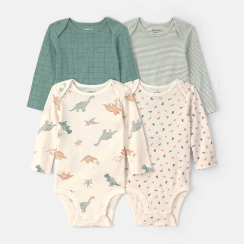 Baby Boy 4-Pack Dinosaur Long-Sleeve Bodysuits - Green/Ivory | Carter’s Oshkosh Canada