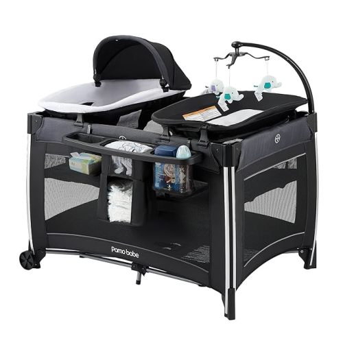 Pamo Babe 4 in 1 Baby Playards with Bassinet & Changing Table, Portable Crib Breathable Mesh and Toy Mobile