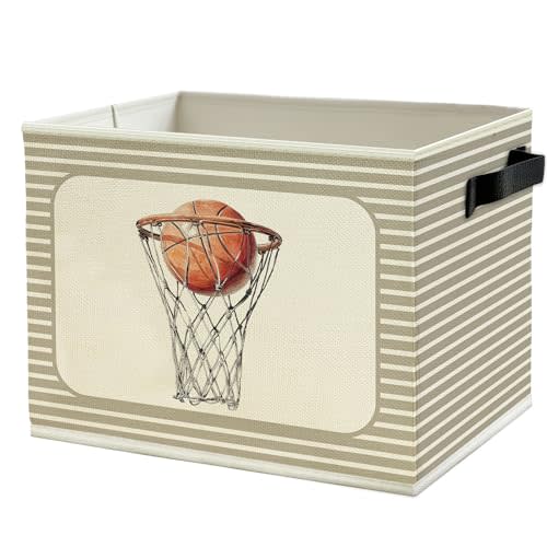 Basketball Boy Nursery Storage Bins Box with Handles, Sports Nursery Baseball Hoop Striped Collapsible Basket Organizer for Kids Toddler Boys Room Bedroom Playroom Bathroom Books Clothes