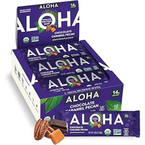 ALOHA Organic Plant Based Protein Bars | Chocolate Caramel Pecan | 12 Count, 1.98oz Bars | Vegan, Low Sugar, Gluten Free, Paleo Friendly, Low Carb, Non-GMO, Stevia Free, Soy Free, No Sugar Alcohol Sweeteners