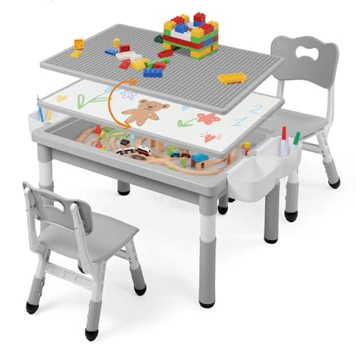 TODEFULL Kids Table and Chairs Set Large Storage, Height Adjustable | Toddler Activity Table and 2 Chairs Set, 34.6x24.8" Graffiti/Block Building Desktop, 4 Side Box, Kids desk for Home Preschool