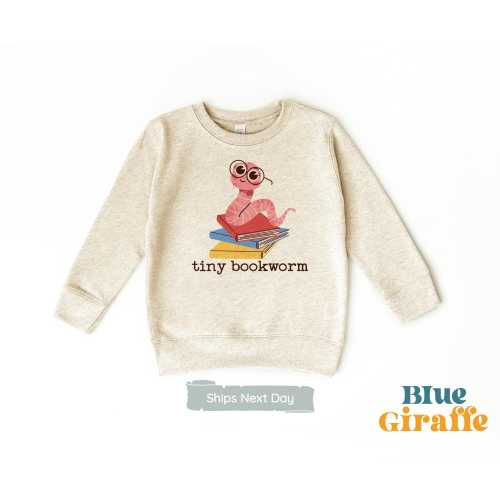 Tiny Bookworm Baby Toddler Sweatshirt, School Librarian Kids Sweatshirt, Bookworm Infant Vintage Natural Crewneck Sweatshirt