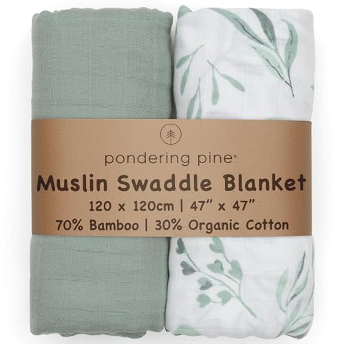 Organic Baby Muslin Swaddle Blankets for Boy or Girl - Eucalyptus Leaves and Sage Swaddling Blanket 2 Pack - Soft Muslin, XLarge and Breathable, Boho Baby, 47" X 47"