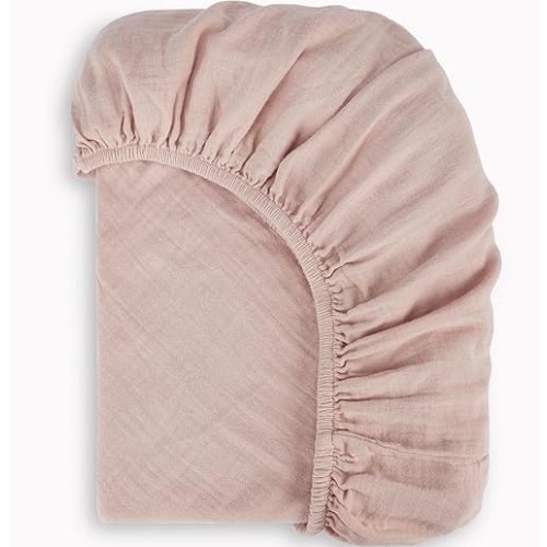 Bioweaves Organic Cotton Muslin Mini Crib Sheet, GOTS Certified Fitted Mini Crib Mattress Sheet, Extra Soft & Breathable for Toddler, Baby Boys & Girls, 38" x 24", 5 Inch Pocket, Dusty Pink
