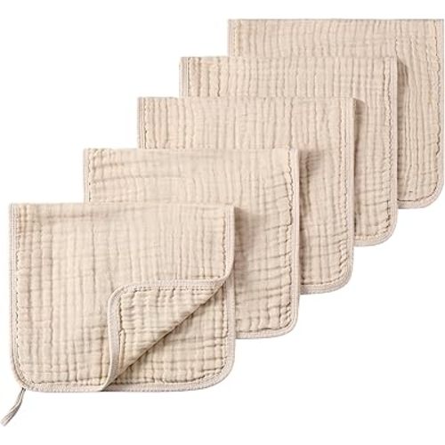Muslin Burp Cloths 5 Pack Large 20x12 inches Baby Burping Cloths, 6-Layer 100% Cotton for Newborn Boys Girls, Ultra Soft & Absorbent （Apricot Color）