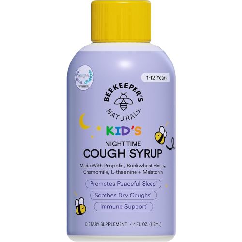 Beekeeper's Naturals Propolis Honey Cough Syrup Nighttime for Kids Immune Support with Propolis, Elderberry & Raw Honey - Sleep Support with Chamomile & L-Theanine - Gluten Free, 4 oz.