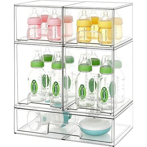 Baby Bottle Organizer Stackable, Acrylic Storage Drawers 5 pack with Non-Slip Pads, Pull-Out Drawers for Baby Bottle, Pump Parts, Pantry, Vanity Countertop (4.4" and 7.6" Tall and 12.1" Wide)