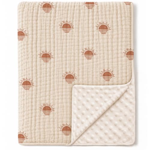 Konssy Soft Muslin Baby Blanket for Unisex Boys & Girls, 30 x 40 Inch | Cotton Front with Dotted Fleece Back, Suitable for Receiving, Swaddling, Nursery, from Newborns to Toddlers (Afterglow)