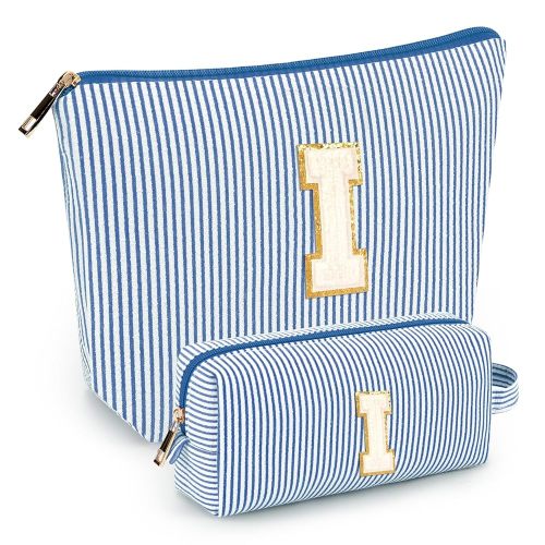 2 PCS Initial Makeup Bags for Women: Cosmetic Bag for Travel Toiletry - Birthday Gifts for 11 12 13 14 15 16 17 18 Years Old Girl Graduation Teacher Gift- Teen Girl Gifts Trendy Stuff - Blue I