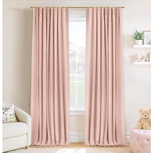 INOVADAY 100% Blackout Curtains for Bedroom, Black Out Curtains 84 Inch Long, Clip Rings Linen Blackout Drapes, Thermal Insulated Room Darkening for Living Room, 2 Panels - Blush Pink,W50xL84