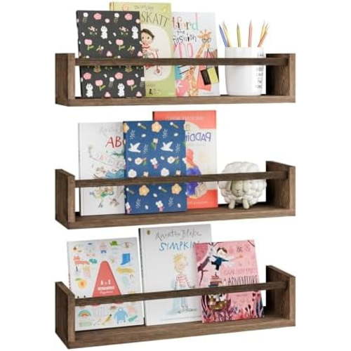 Nursery Book Shelves, 16.5 Inch Floating Bookshelves for Wall Set of 3, Baby Nursery Decor, Solid Wood Wall Mounted Shelves for Books, Toys and Decor Storage (Brown)
