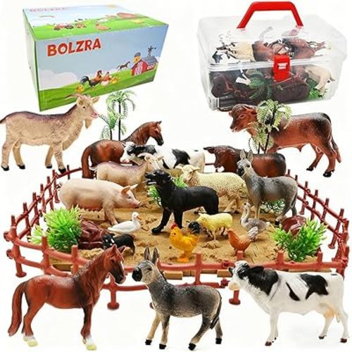 BOLZRA Farm Animal Figurines, Realistic Plastic Animals Toys with Fences Building Blocks, Farm Figures Playset Educational Birthday Gift for Kids & Toddlers, 53 PCS