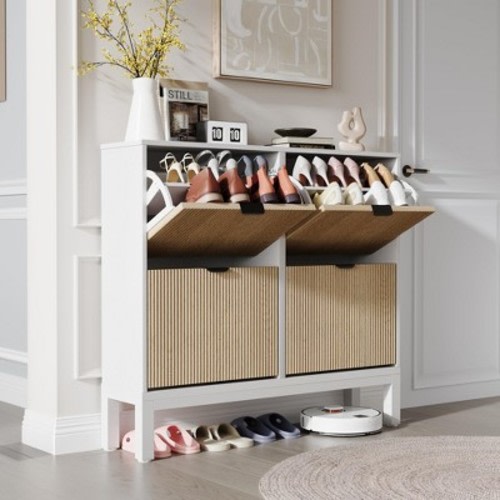 Fluted Shoe Storage Cabinet with 4 Flip Drawers, Narrow Wooden Shoe Organizer with Metal Legs, Modern Farmhouse Hidden Shoe Rack