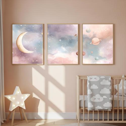 Moon & Planets Nursery Triptych, Pastel Sky Watercolor Galaxy Wall Art, Celestial Kids Room Decor, Set of 3 Unframed Prints