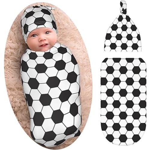 Soccer Baby Stuff Swaddle Blanket with Beanie Set, Soft and Stretchy Soccer Print Baby Blanket Swaddle Sack for Boy and Girl