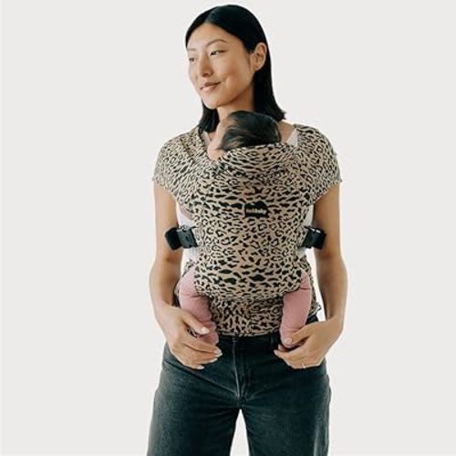 Tushbaby Pearl Wrap Baby Carrier for Newborns 8–20 lbs, Hands-Free Ergonomic Infant Carrier with Storage, Bottle & Wipe Holder, Adjustable Soft Fabric, Cheetah
