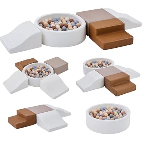 Foam Climbing Blocks for Toddler: with 4-Piece PU Leather Climbing Toys and a Ball Pit - Foam Ball Pit for Toddlers - Climbing Toys Indoor for Kids Crawling (Beige/Ivory Climbing Blocks)