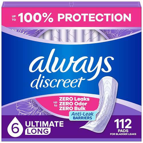 Always Discreet Adult Incontinence Pads for Women, Drier, 6 Drop Long Length, Extra Heavy Absorbency, Pads for Bladder Control Management, Bladder Leaks, & Postpartum Pads, 112ct